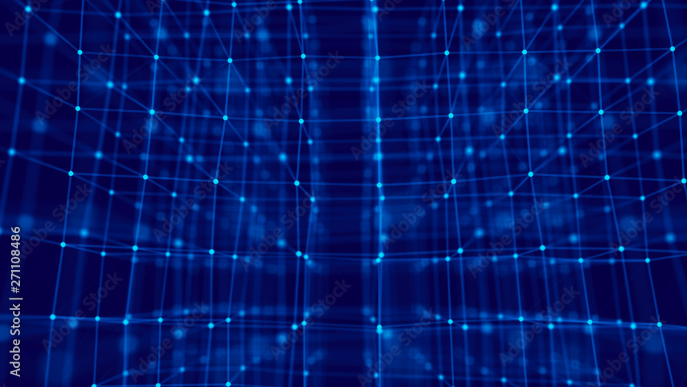 Poster blockchain technology concept. big data visualization. 3d blue illustration. distributed register te