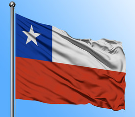 Fototapeta na wymiar Chile flag waving in the deep blue sky background. Isolated national flag. Macro view shot.