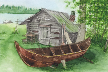 Watercolor painting - Forest lake House and Boat