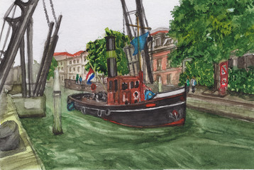 Fototapeta na wymiar Watercolor painting - Netherland boat
