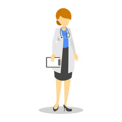 Female doctor in white coat standing. Medical character