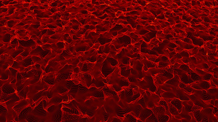 Wave 3d. Wave of particles. Futuristic red dots background with a dynamic wave. Big data visualization. 3d rendering.