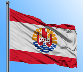 French Polynesia flag waving in the deep blue sky background. Isolated national flag. Macro view shot.