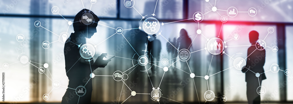 Poster business process structure industrial workflow diagram automation innovation concept on virtual scre