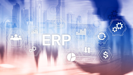 Obraz premium ERP system, Enterprise resource planning on blurred background. Business automation and innovation concept.