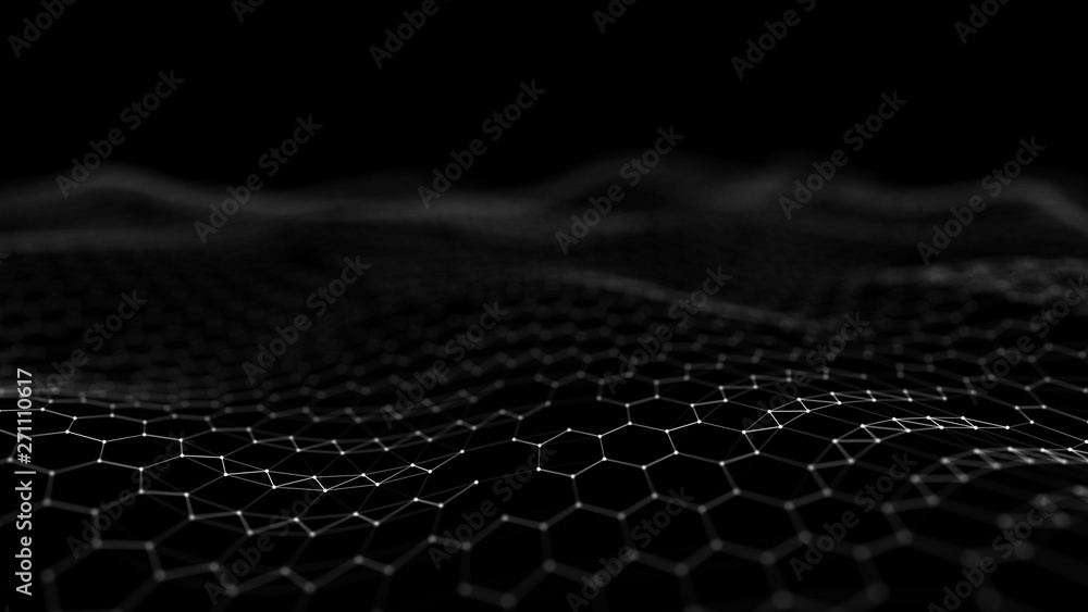 Poster futuristic black hexagon background. futuristic honeycomb concept. wave of particles. 3d rendering. 