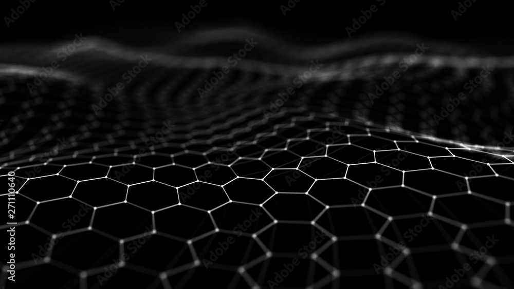 Poster futuristic black hexagon background. futuristic honeycomb concept. wave of particles. 3d rendering. 