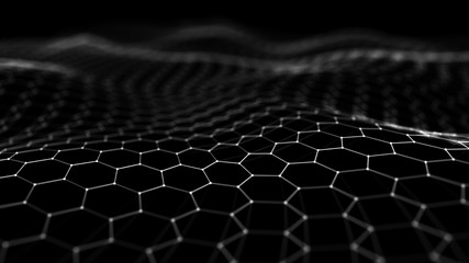 Futuristic black hexagon background. Futuristic honeycomb concept. Wave of particles. 3D rendering. Data technology background