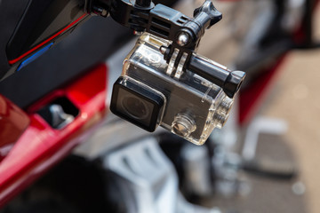 Action camera on a motorcycle rider's helmet