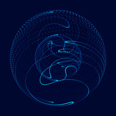 Abstract blue 3d sphere. Sphere with twist lines. Glowing lines twisting Logo design. Outer space object. Futuristic technology style. Sphere particles. 3d rendering.