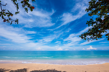 Sand beach, blue sea and sky with leaves foreground