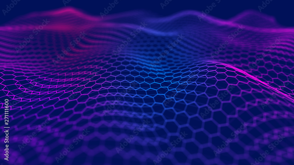 Aufkleber futuristic blue hexagon background. futuristic honeycomb concept. wave of particles. 3d rendering. d