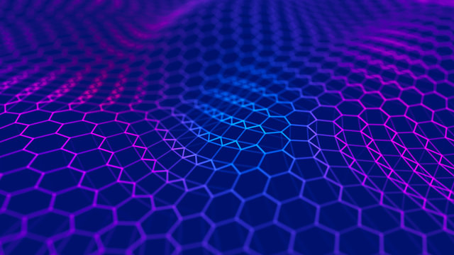 Futuristic blue hexagon background. Futuristic honeycomb concept. Wave of particles. 3D rendering. Data technology background © Vadym