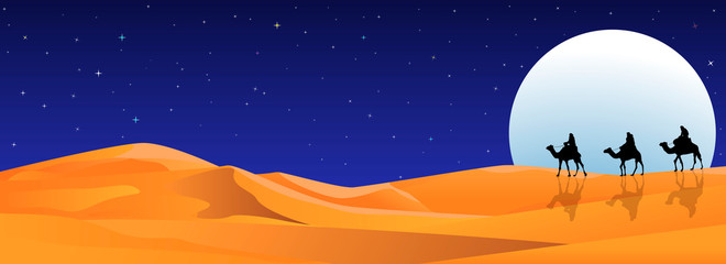 Riders on camels at night in the desert.Riders on camels on the background of the night starry sky. Moonlight night. Sandy desert 