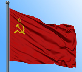 Soviet Union flag waving in the deep blue sky background. Isolated national flag. Macro view shot.