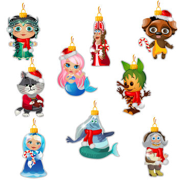 Set of colorful painted glass figurines characters of famous fairy tales isolated on white background. Sample of poster, party holiday invitation, festive card. Vector cartoon close-up illustration.