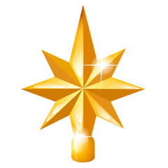 Golden star on the Christmas tree isolated on white background. Vector cartoon close-up illustration.
