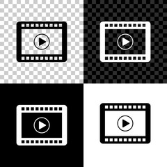 Play Video icon isolated on black, white and transparent background. Film strip with play sign. Vector Illustration