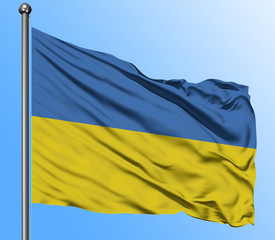 Ukraine flag waving in the deep blue sky background. Isolated national flag. Macro view shot.