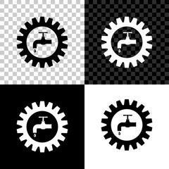 Gearwheel with tap icon isolated on black, white and transparent background. Plumbing work symbol. Vector Illustration