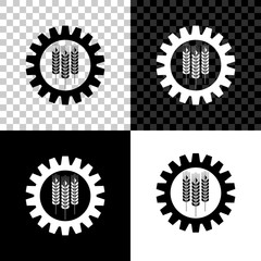 Wheat and gear icon on black, white and transparent background. Agriculture symbol with cereal grains and industrial gears. Industrial and agricultural. Biotechnology concept. Vector Illustration
