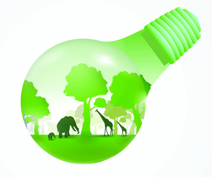 Environment concept - the nature into day light bulb style with animals and trees isolated over a floor ground , Vector EPS.10