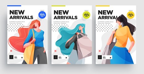 Urban shopping girls banner or poster set. Fashion girls with shopping bags. Vector