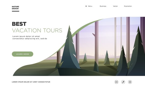 Landing page template. Modern landscape background with trees and hills. Best vacation tours commercial