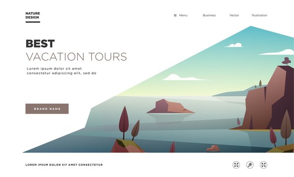 Landing page template. Modern landscape background trees and mountain peaks. Vector illustration
