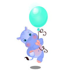 Cute animated baby hippo flies on a balloon isolated on white background. Sample of poster, party holiday invitation, festive banner, card. Vector cartoon close-up illustration.