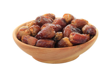 wooden plate with dried figs isolated on white background