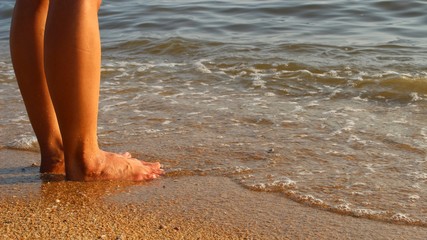  The girl standing on the beach by the sea in the evening