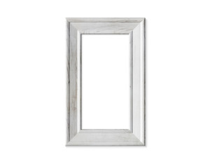 1x2 vertical portrait old wooden frame mockup. Realisitc painted white wood sign . Isolated picture frame mock up template on white background. 3D render.