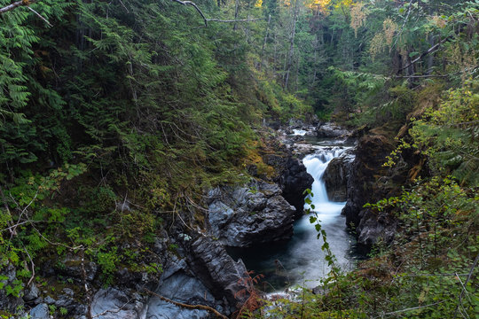 A landscape aspect of Qualicum River rushes through the gorge in Little Qualicum Provincial Park, Vancouver Island, Canada creating little waterfalls, nobody in the image
