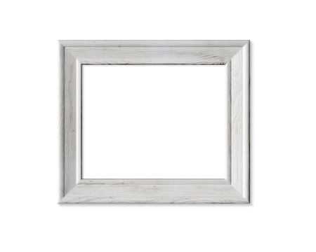 4x5 horizontal landscape old wooden frame mockup. Realisitc painted white wood sign . Isolated picture frame mock up template on white background. 3D render.