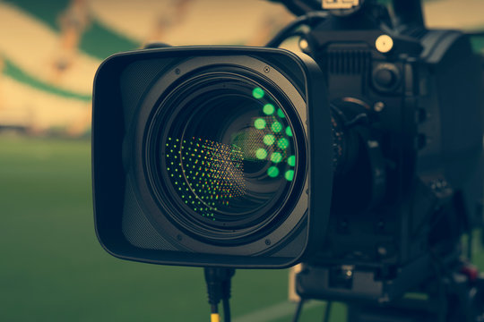 Close-up picture of a professional tv camera before broadcasting.