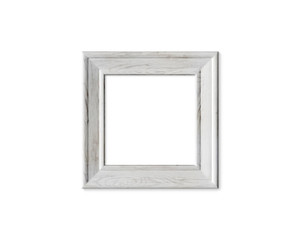 1x1 square old wooden frame mockup. Realisitc painted white wood sign . Isolated picture frame mock up template on white background. 3D render.