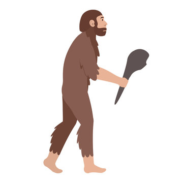 Archaic human man with a baton. Australopithecus. Prehistoric human. Isolated vector illustration