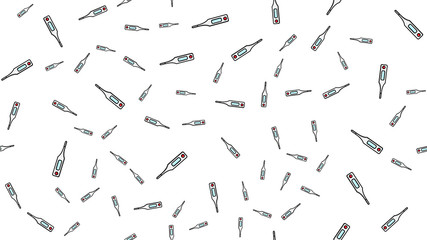 Seamless pattern texture of endless repetitive medical digital modern electronic thermometers for measuring body temperature on a white background. Vector illustration