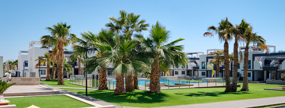 Lush palm trees inside of closed urbanization with green lawn swimming pool modern houses at sunny summer day. New property in Spain, no people, horizontal image panoramic view. Torrevieja city, Spain