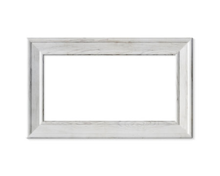 1x2 horizontal landscape old wooden frame mockup. Realisitc painted white wood sign . Isolated picture frame mock up template on white background. 3D render.