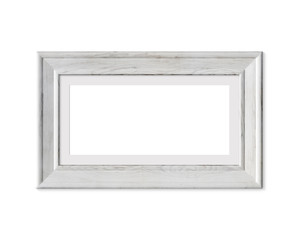 1x2 landscape horizontal old wooden frame mockup. Realisitc painted white wood sign.  Framing mat with wide borders.Isolated picture frame mock up template on white background. 3D render.