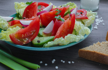 Summer salad of ripe vegetables and greens with black bread and spices on the table