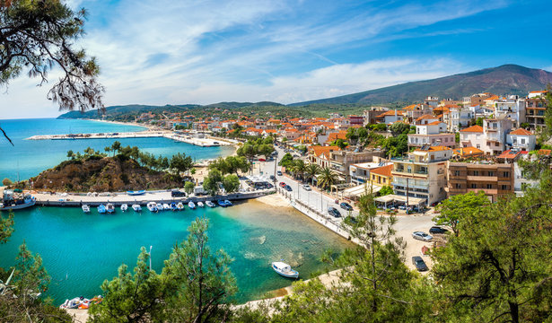 Landscape with Limenaria city and harbour at Thassos island, Greece