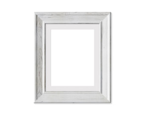 4x5 vertical portrait old wooden frame mockup. Realisitc painted white wood sign.  Framing mat with wide borders.Isolated picture frame mock up template on white background. 3D render.