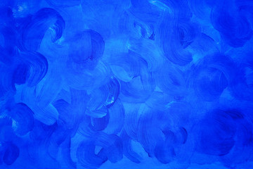 Abstract background drawn by blue acrylic paint in the center is a white highlight. Waves. Texture