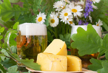 Two glasses of light beer with cheese a bouquet of daisies and oak on a wooden background. Celebration of a traditional holiday in Latvia Ligo in June