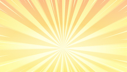 Pop art background with sunbeams and halftone effect. Abstract background with halftone dots. Striped retro frame with yellow rays. Comic book cover for Superhero. Vector illustration