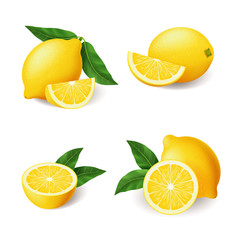 Realistic bright yellow lemon with green leaf whole and sliced set