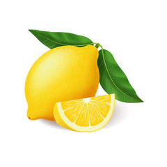 Realistic bright yellow lemon with green leaf whole and sliced vector